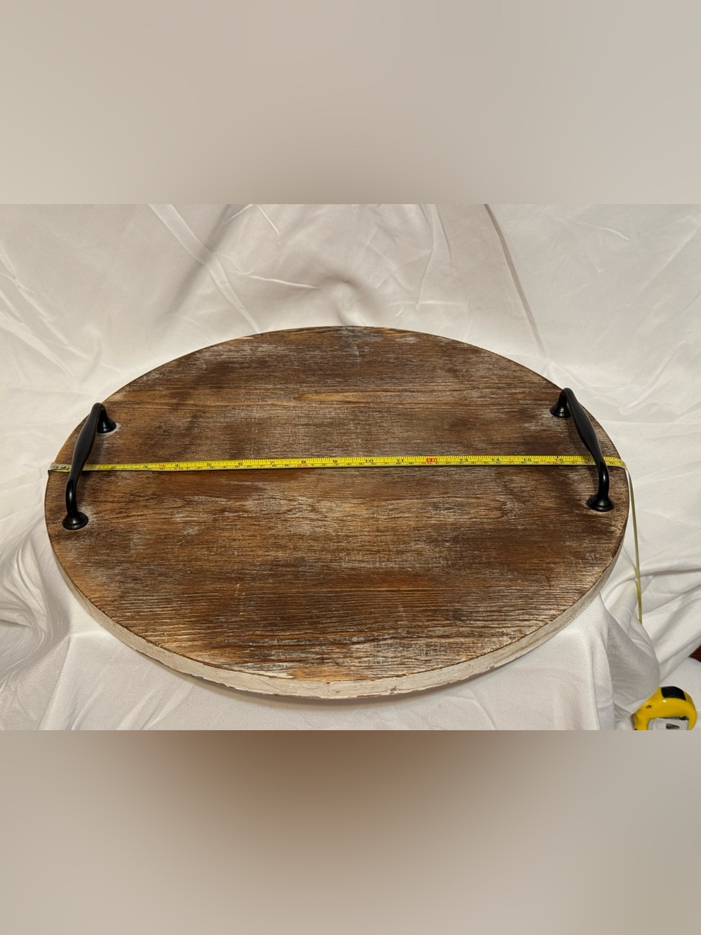 Rustic Round Wood Serving Tray with Black Handles